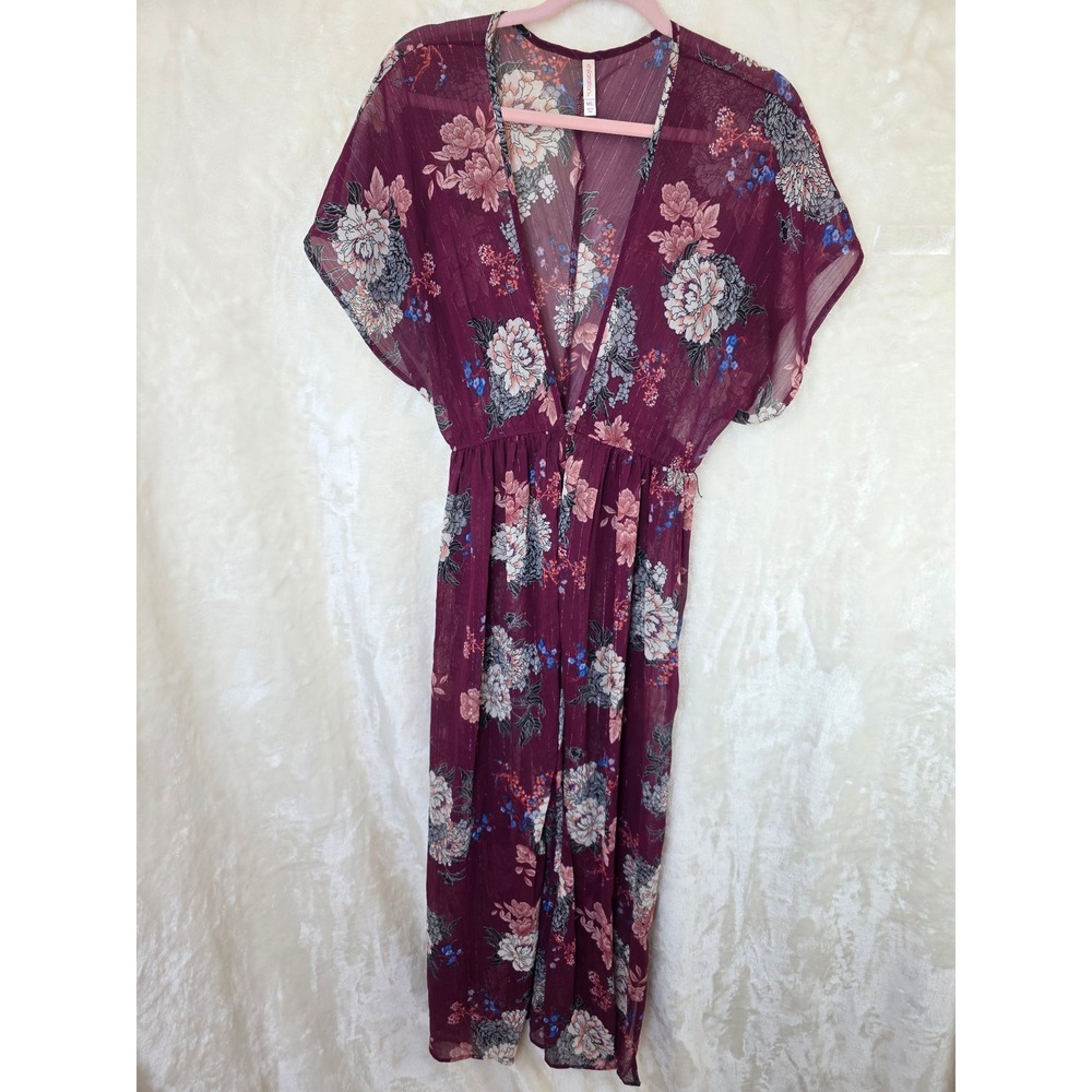 Xhilaration Burgundy Floral‎ Kimono Swim Cover Up Dress Metallic Stripe M/L